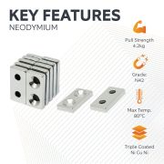 20 x 10 x 3mm thick x 3.5mm c/s N42 Neodymium Magnets - 4.2kg Pull