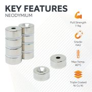 20mm dia x 10mm thick x 5.2mm c/sink Neodymium Magnet - 11kg Pull