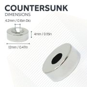 12mm dia x 4mm thick x 4.2mm c/sink Neodymium Magnet - 2.5kg Pull