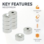 10mm dia x 5mm thick x 3.2mm c/sink Neodymium Magnet - 2kg Pull
