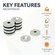 20mm dia x 4mm thick x 5.2mm c/sink Neodymium Magnet - 6.7kg Pull